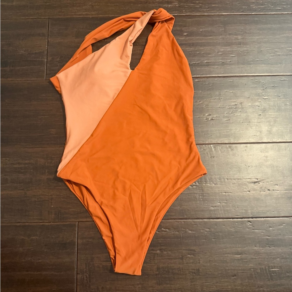 One Piece Swimsuit in Orange and Peach one shoulder